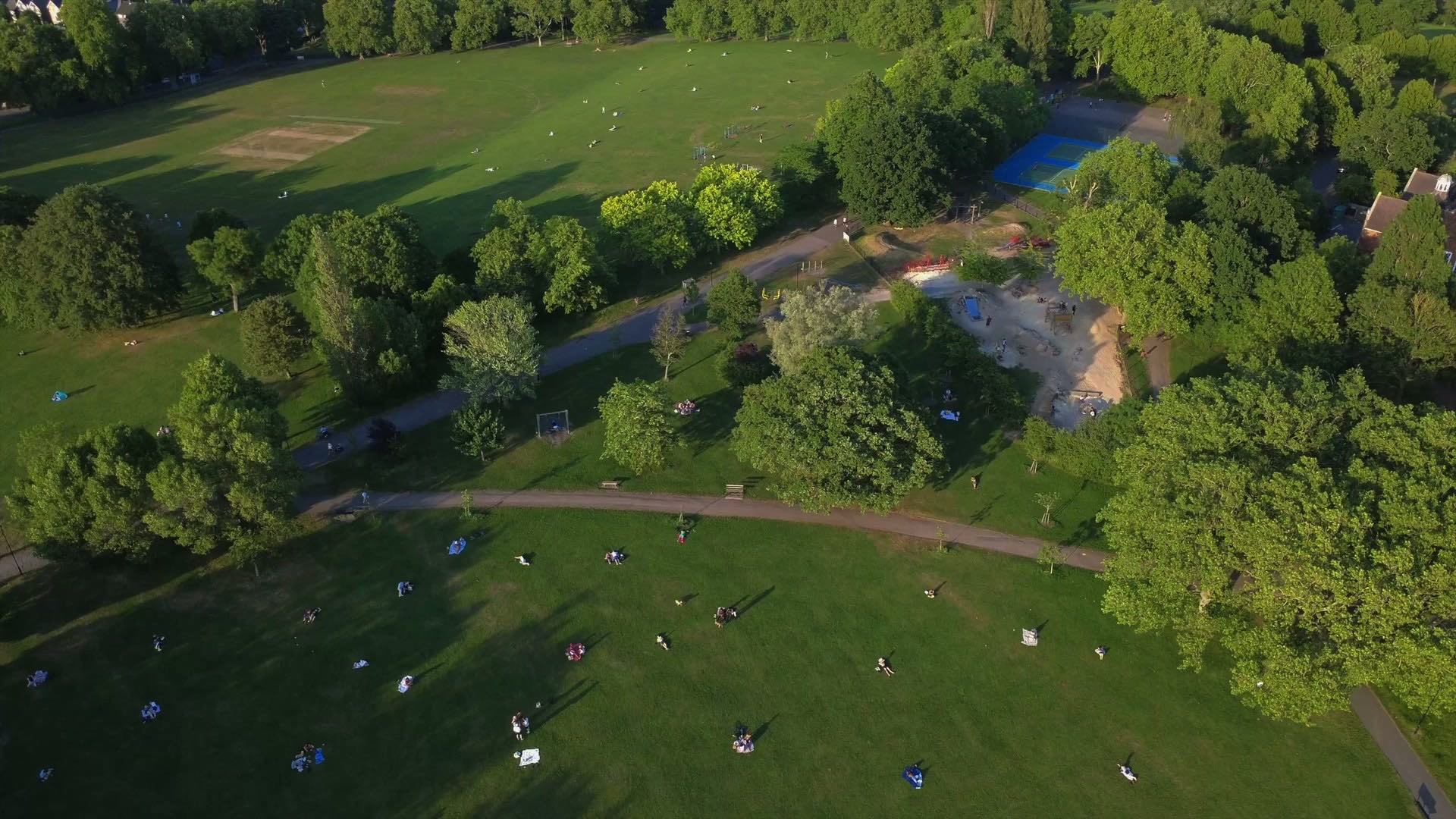A leafy park in Brockley, with people relaxing on the grass
